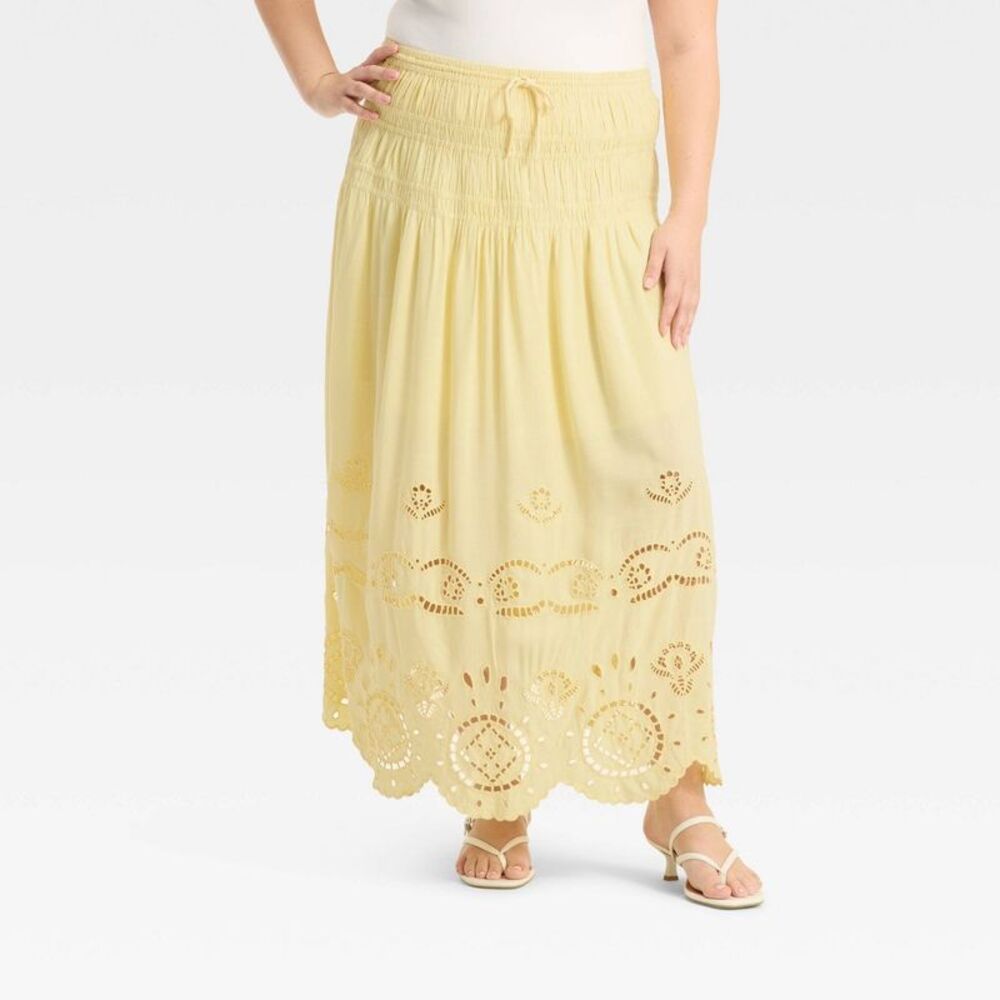 Light Yellow Eyelet Maxi Skort with Smocked Waist